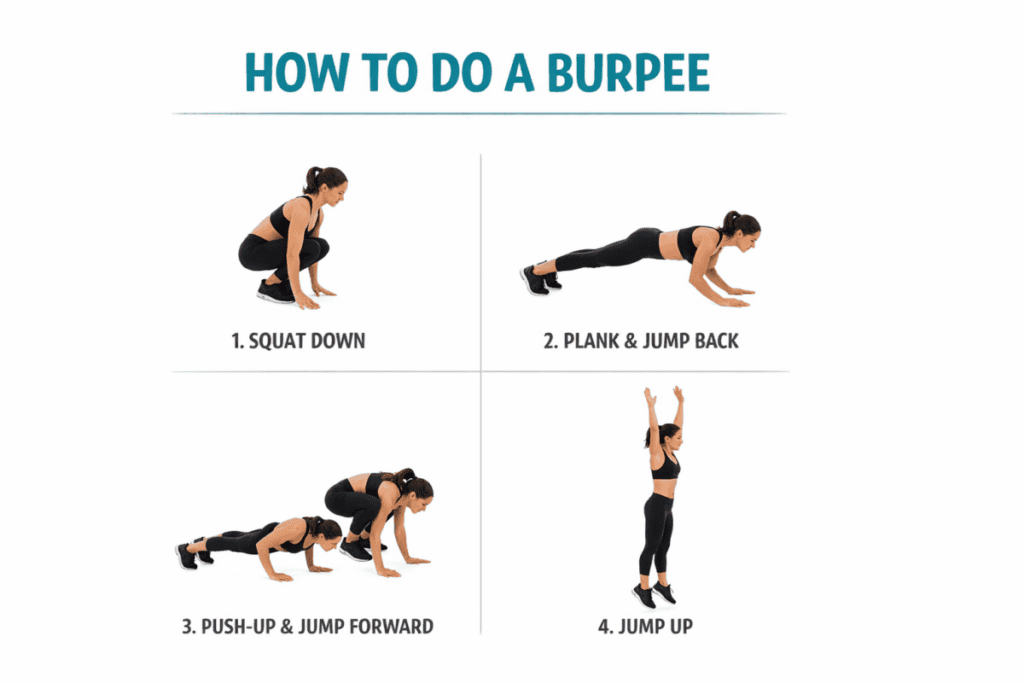 a picture showing somoene how to do a burpee exercise. Squat down, plank and jump back, push up and jump forward and jump up.
