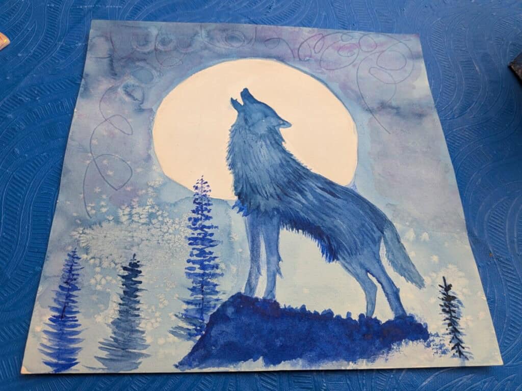 A home made art painting of a wolf , a great idea for a Work From Home for Artists With No Degree