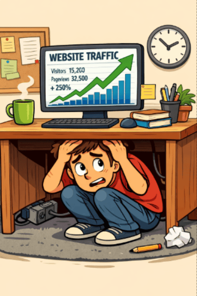 Someone hiding under a test while website traffic is going up as an introvert.