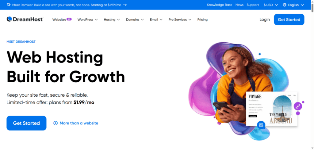 A picture of the dreamhost website. Some wonder how to point Godaddy domain to dreamhost nameservers.