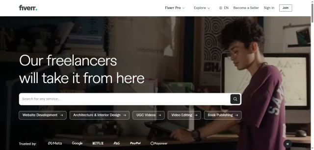 A picture of the Fiverr homepage. Some wonder about the Fiverr affiliate program deep linking tutorial.