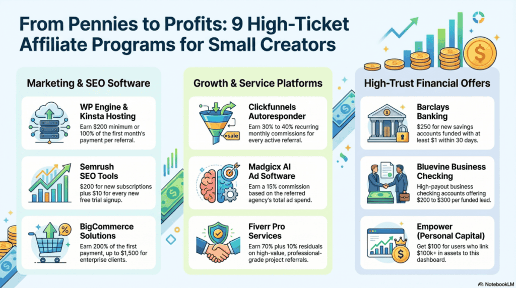 Infographic with 9 high ticket affiliate programs.